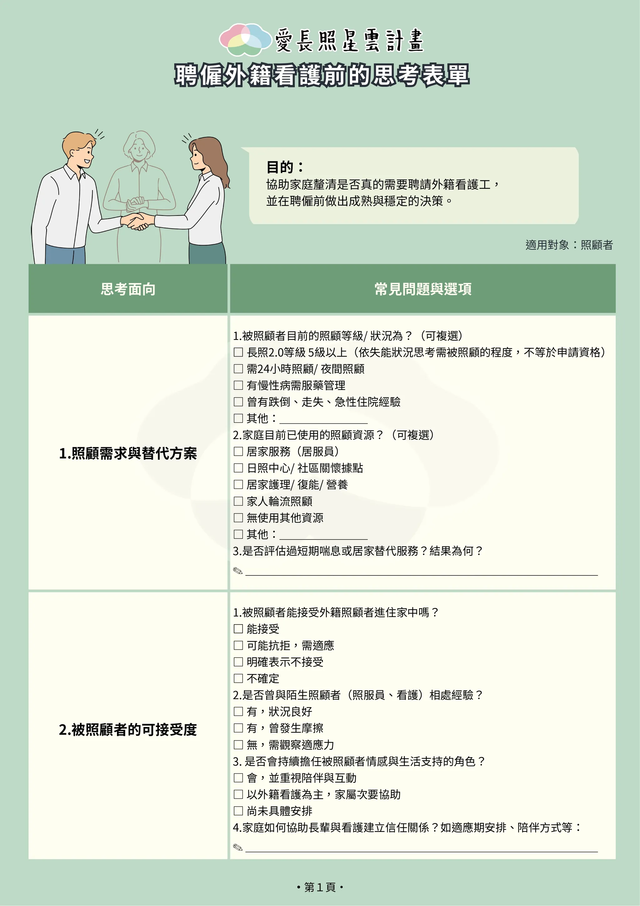 聘僱外籍看護前的思考表單